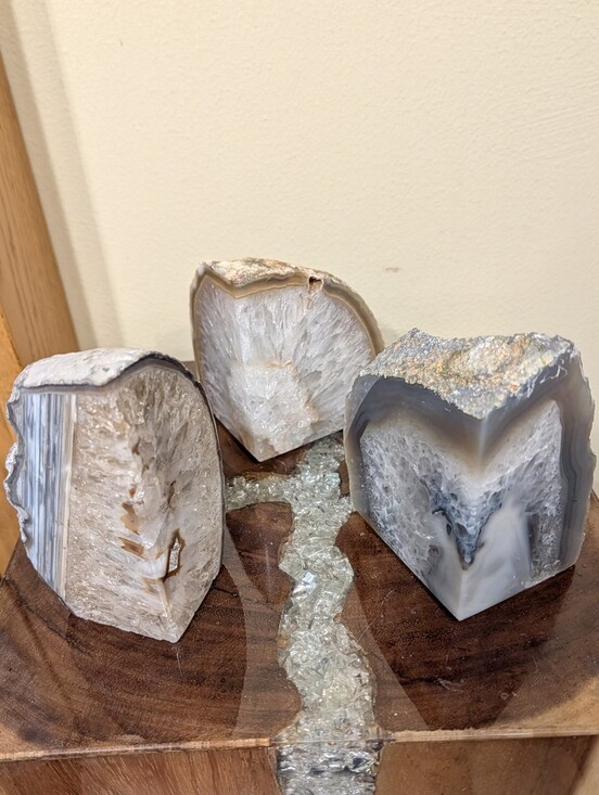 Brazilian Agate Other - Agate Geode Polished Sections 3pc Set in Natural Shades of Greys & Golds